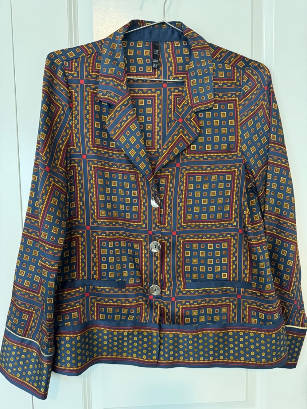 Zara Navy Shirt Jacket with Mustard & Burgundy Geometric Print